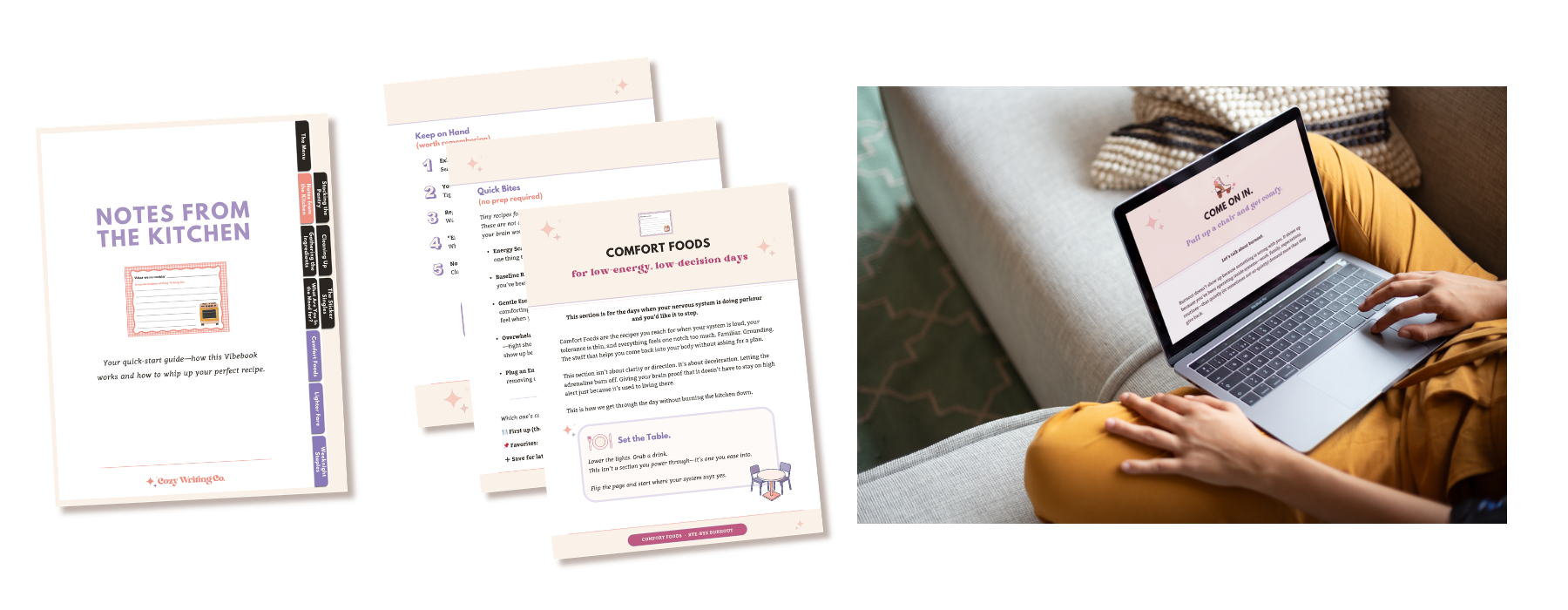 Burnout recovery workbook pages with guided prompts displayed next to a person using a laptop on a couch to rest and reset.