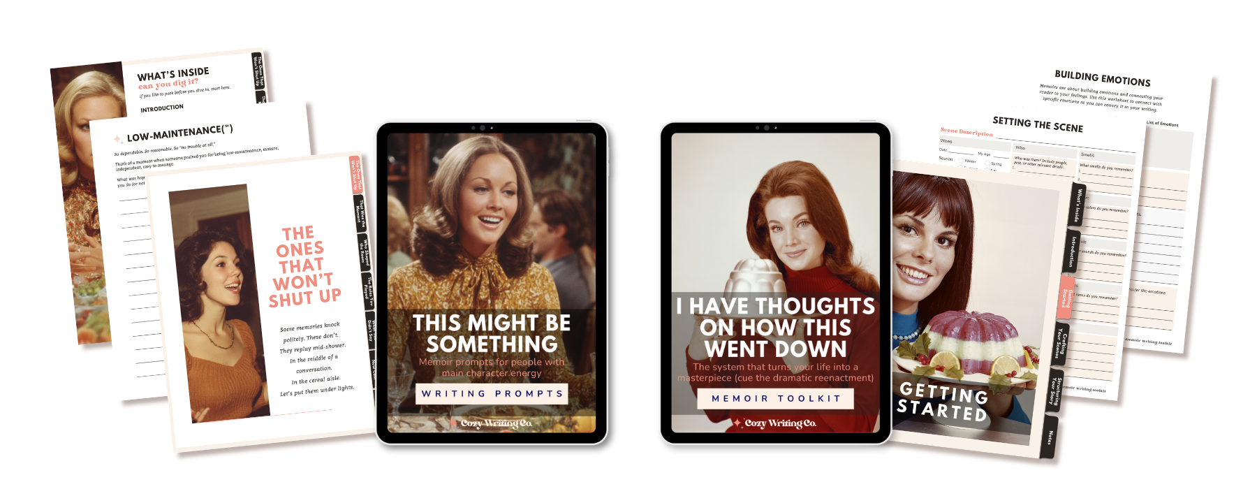 Memoir writing prompts and structure toolkit displayed on tablets with printable pages for capturing ideas and organizing a personal story.