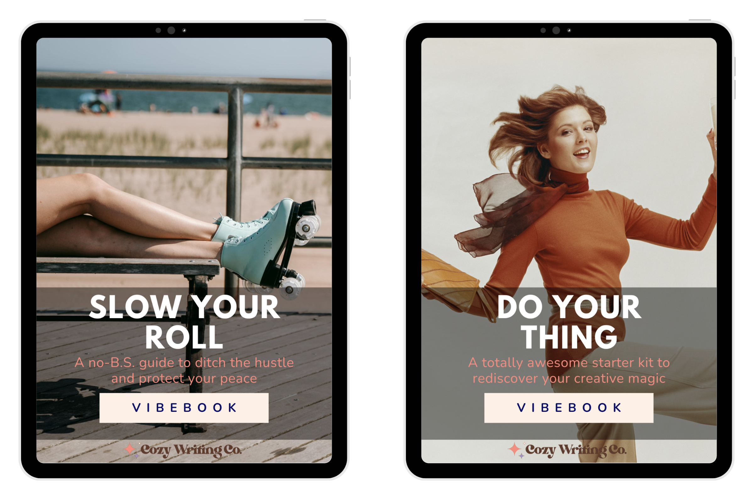 An image showing the covers of two Vibebooks: Slow Your Roll Vibebook and Do Your Thing Vibebook