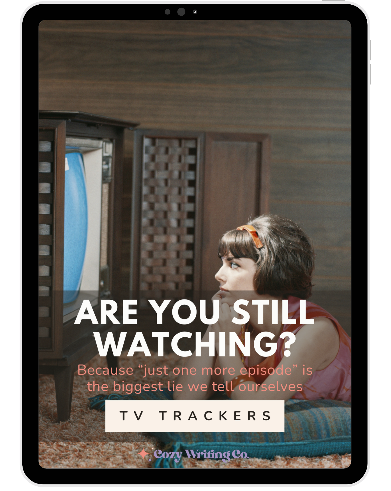 iPad displaying the Are You Still Watching? TV trackers cover featuring a woman watching an old television set while leaning on her hands.