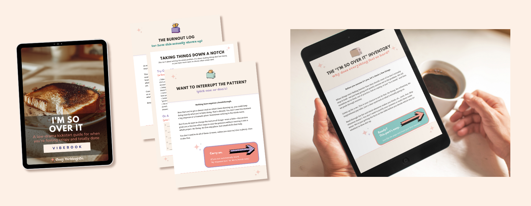 A woman holding an Ipad with the I'm So Over It burnout recovery Vibebook, plus an IPad showing the cover and 3 interior burnout reset pages.