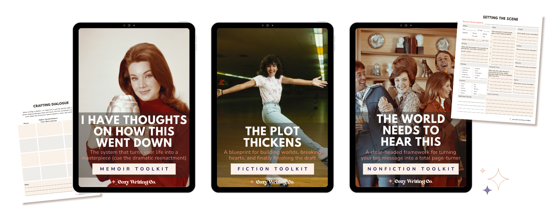 An image showing the covers of the writing toolkits on the covers of iPads, plus sample pages.