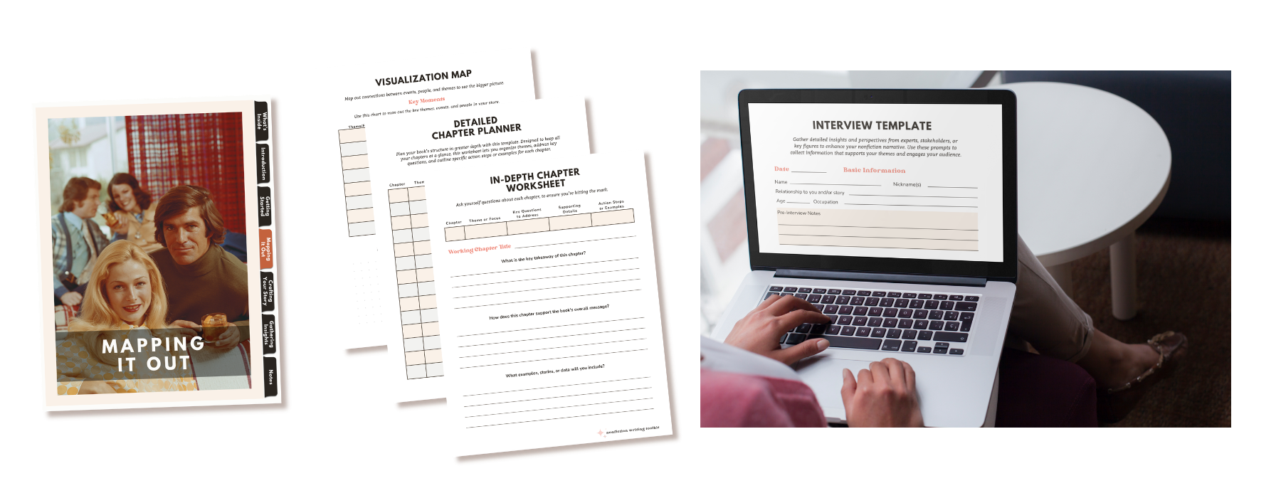 An image of The World Needs to Hear This nonfiction writing toolkit featuring chapter planning worksheets, book structure templates, and interview forms.