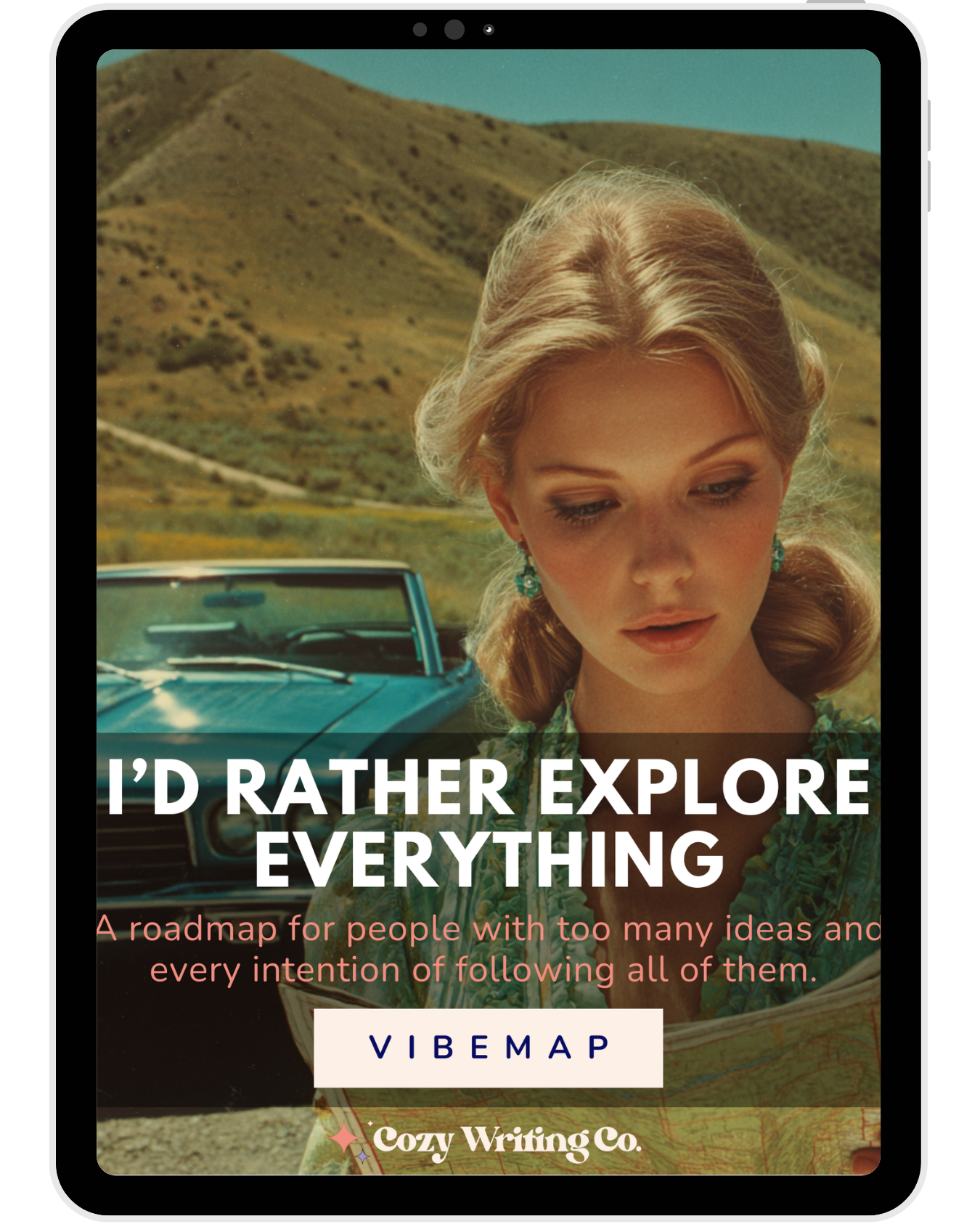 The cover of I'd Rather Explore Everything Vibemap, with a woman looking at a map while a 1970s muscle car and outdoor scenery is in the background.