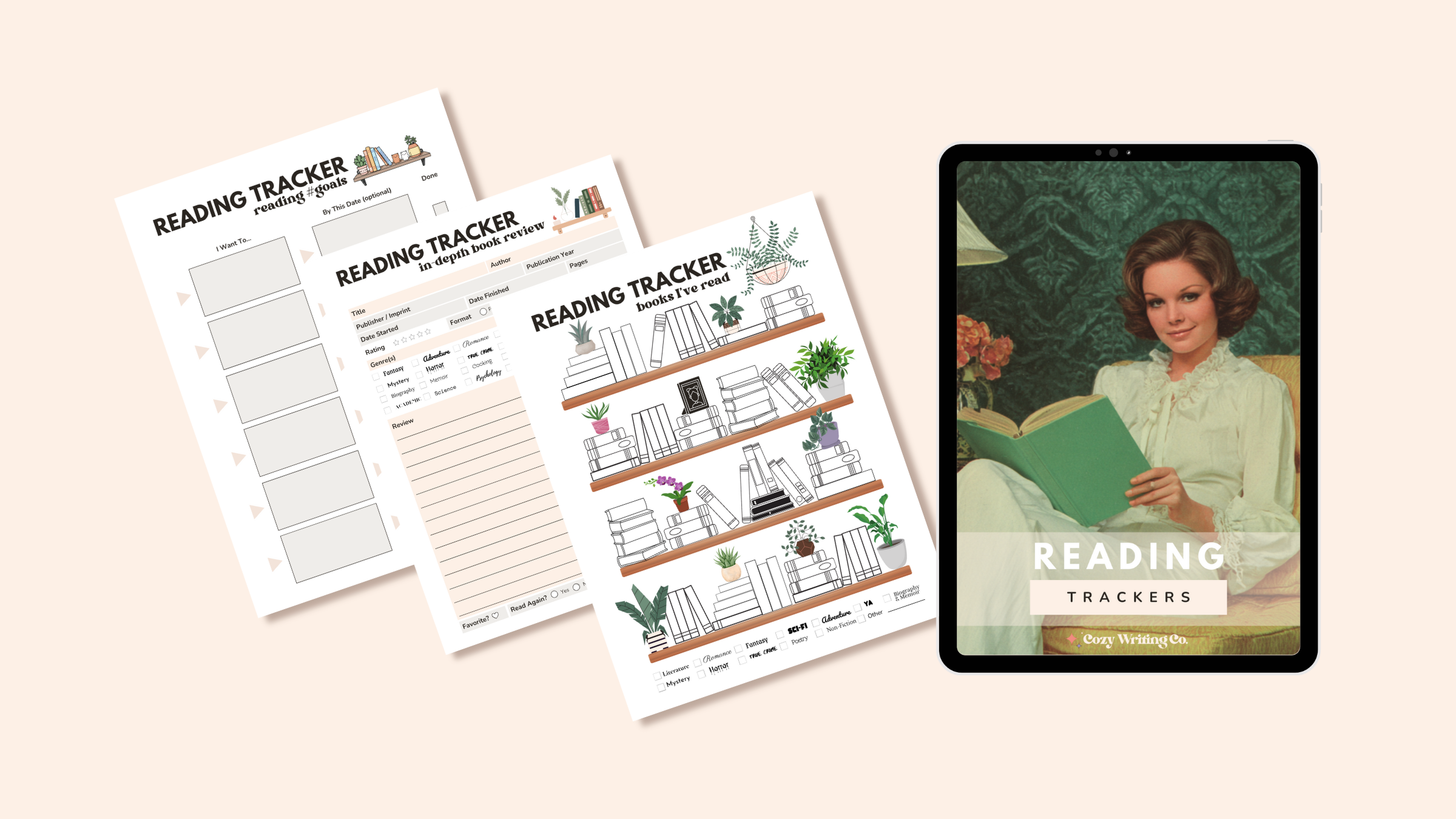 An image showing the cover of Reading Trackers by Cozy Writing Co. with a woman relaxing and reading a book, plus samples of the interior reading planner pages.