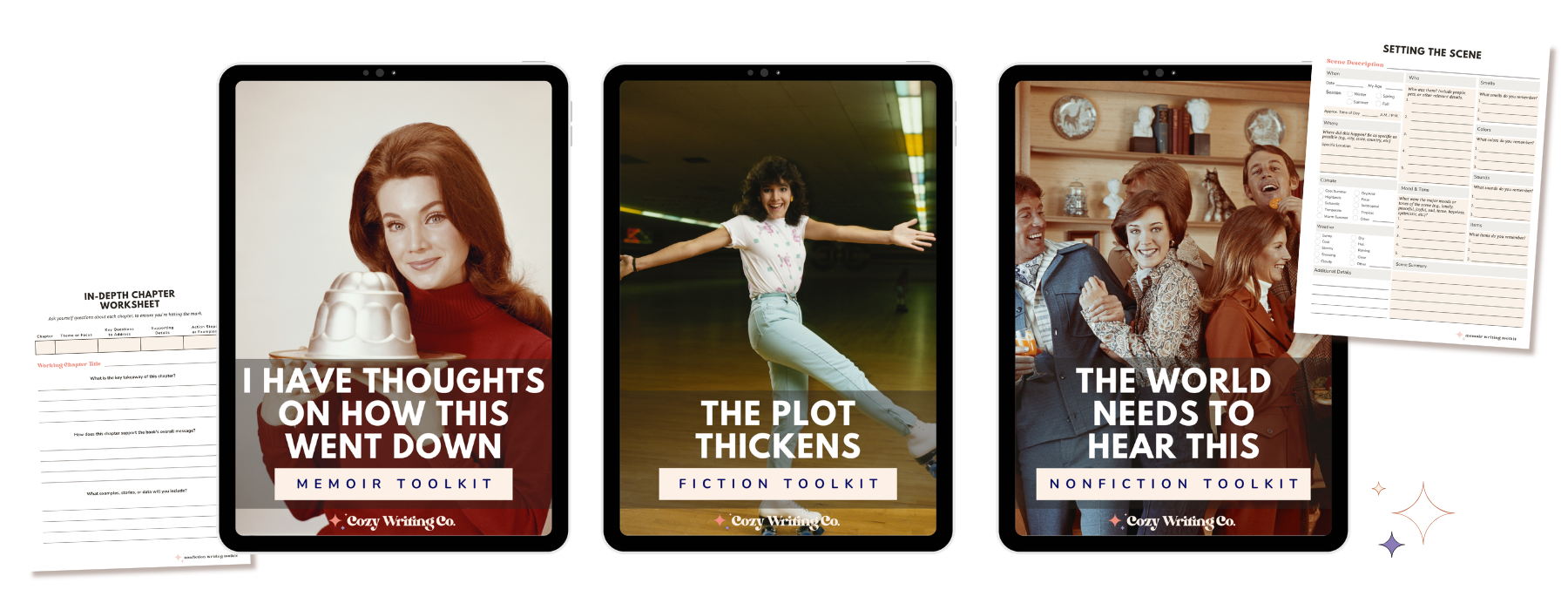 An image showing the covers of the three toolkits included in this collection: memoir writing toolkit, fiction writing toolkit, and nonfiction writing toolkit, plus a couple of pages from the inside.