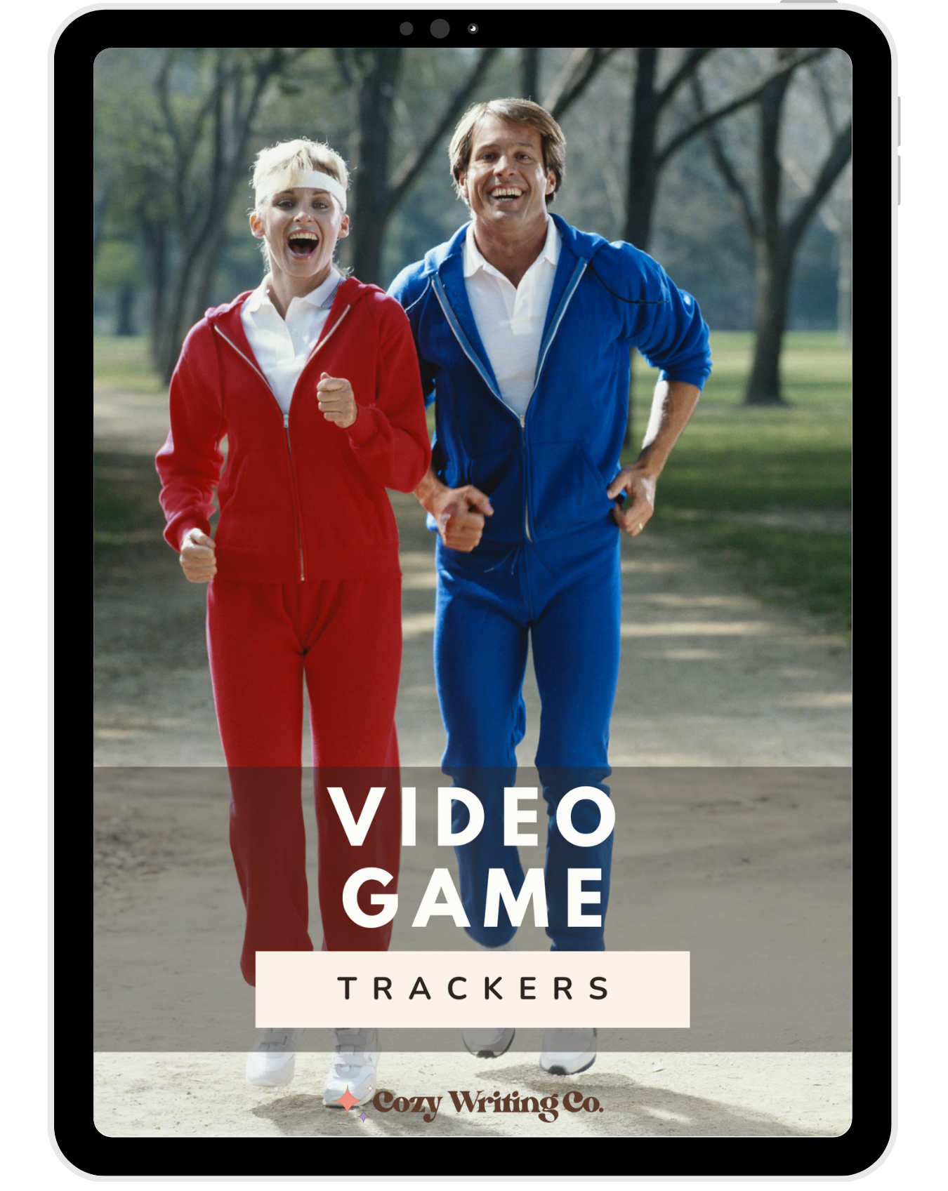 iPad with the Video Game Trackers cover featuring two people in colorful tracksuits posing outdoors.