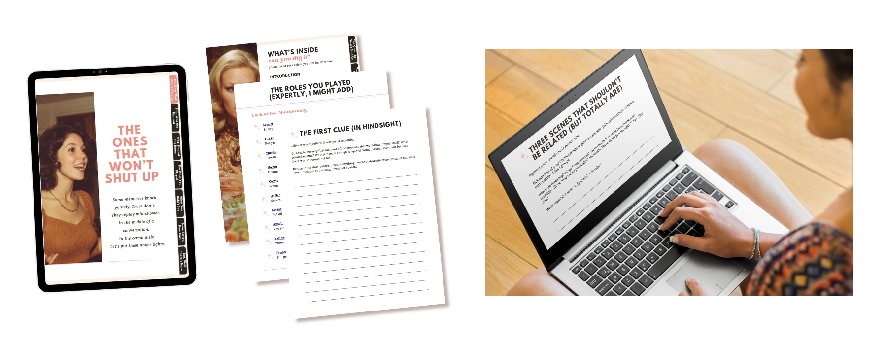 Interior images of This Might Be Something memoir writing prompts, shown both printed and on an iPad. Plus, an image of a woman working with the prompts on a laptop while smiling and sitting on a couch.
