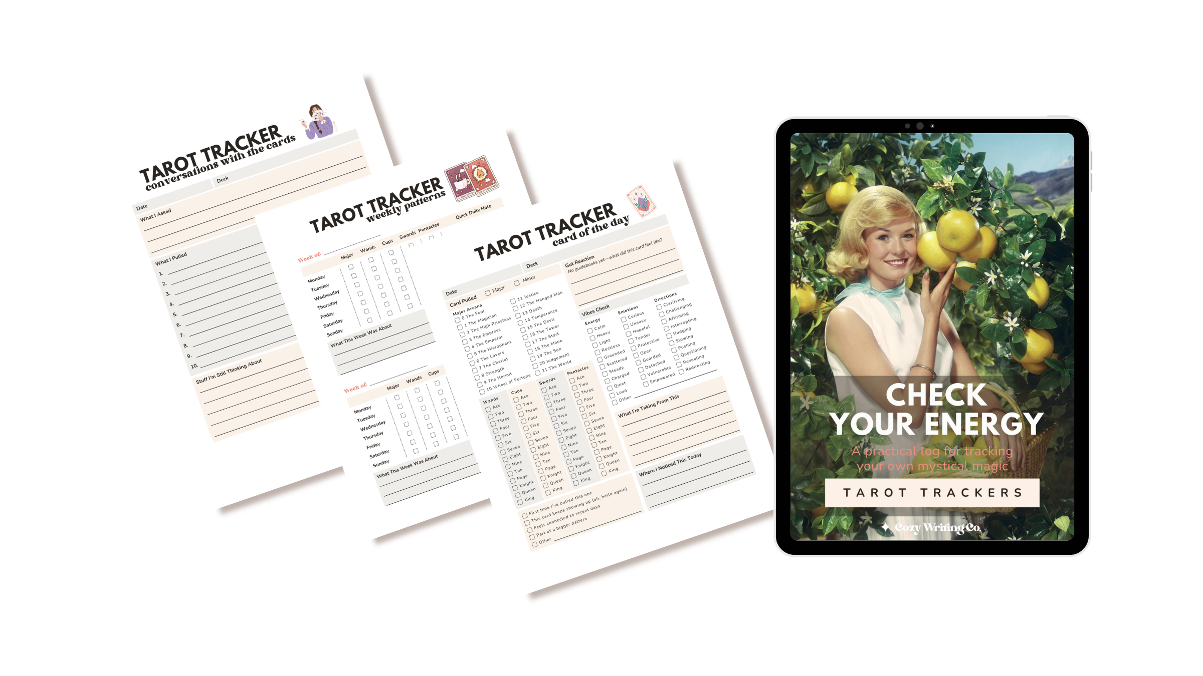 A retro image of a 1960s woman picking lemons on the cover of the Tarot Trackers, including cards of the day, weekly patterns, conversations with the cards, and more.