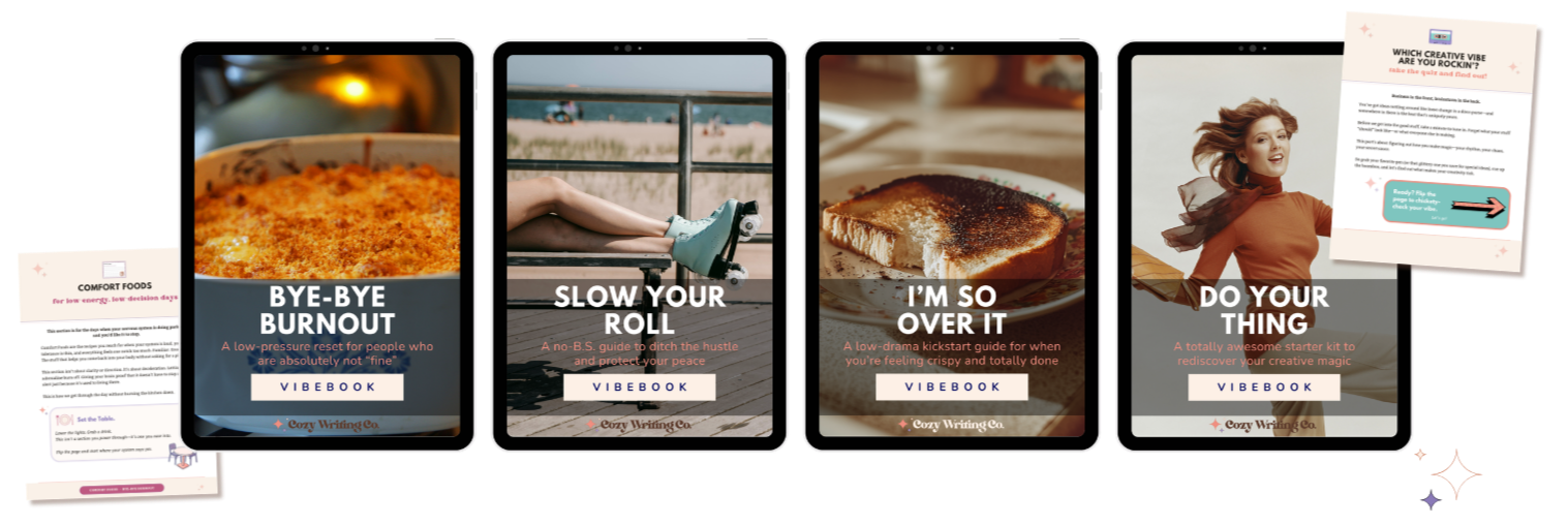 Cozy Writing Co. Spark Back Bundle: A set of four creative Vibebooks shown on digital tablets, curated for recovery, anti-hustle, and action.