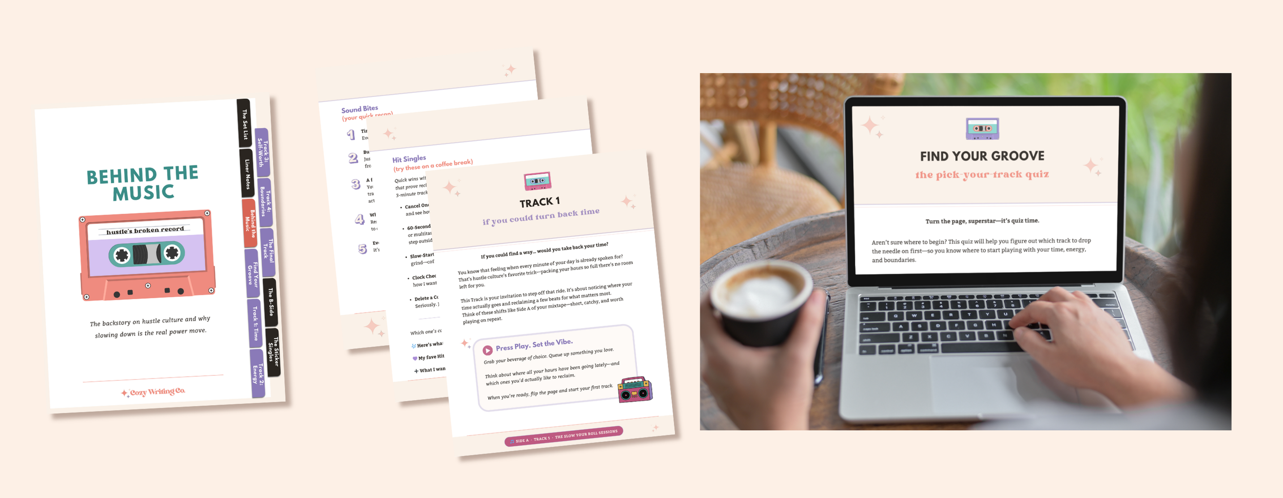Preview of the Do Your Thing Vibebook pages—creative prompts and reflection sheets—next to a tablet displaying a page inside.