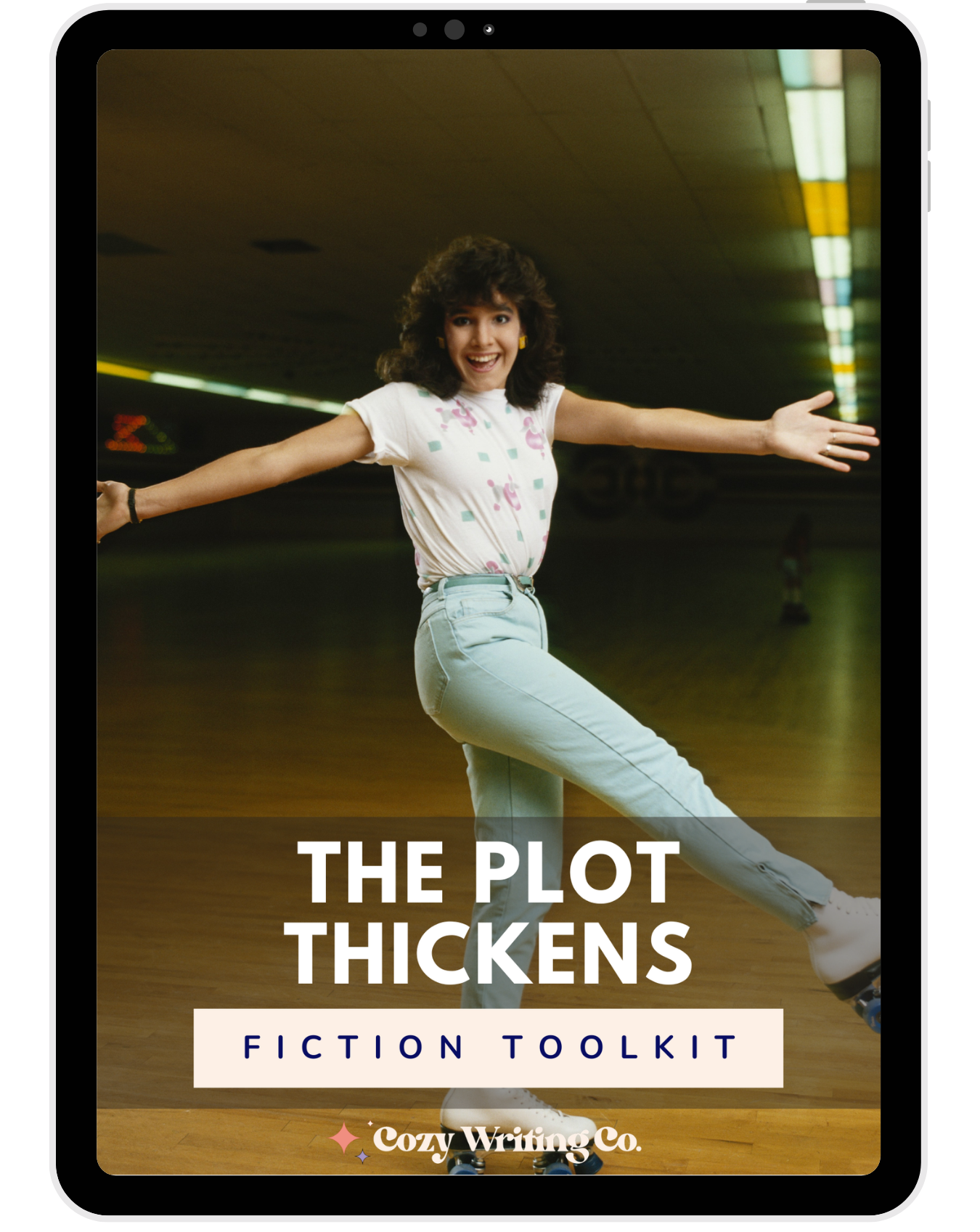 Front cover of "The Plot Thickens" fiction writing toolkit. Features a 1980s woman in a roller rink with a big smile and her arms outstretched.