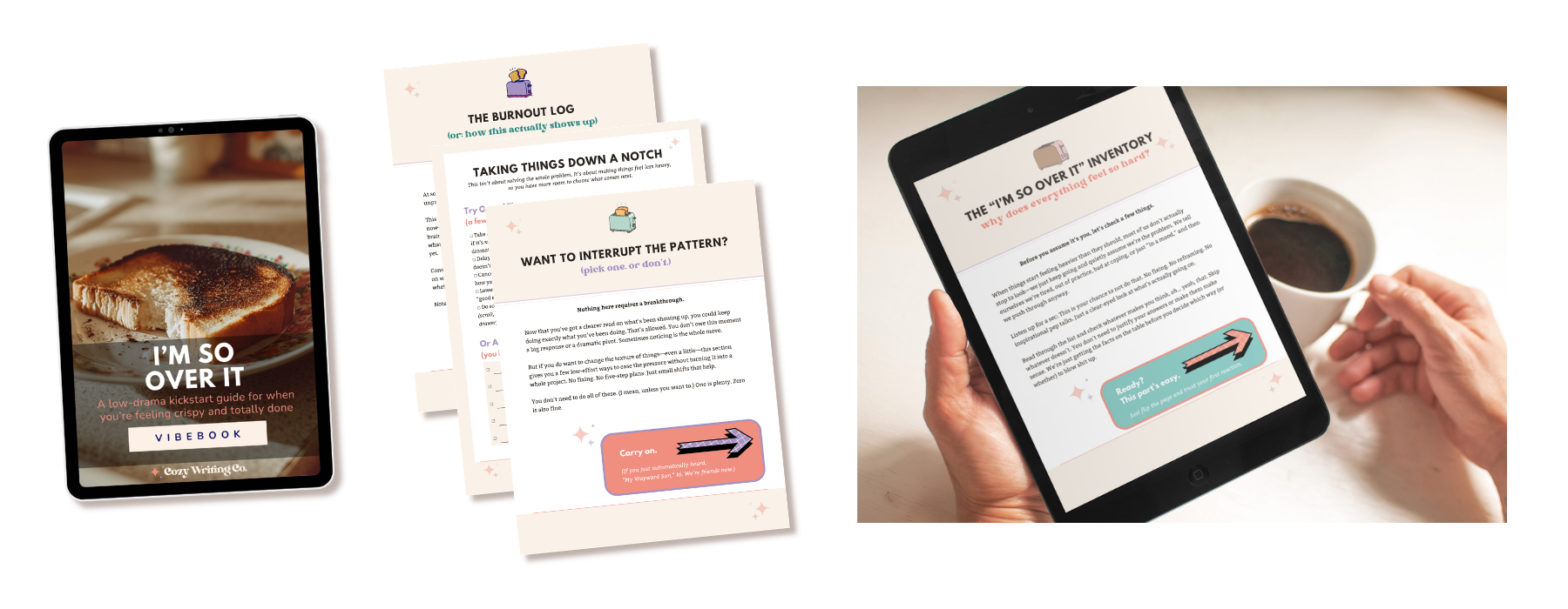 Burnout reflection Vibebook pages shown with a tablet alongside a person reading and journaling with coffee during a quiet moment