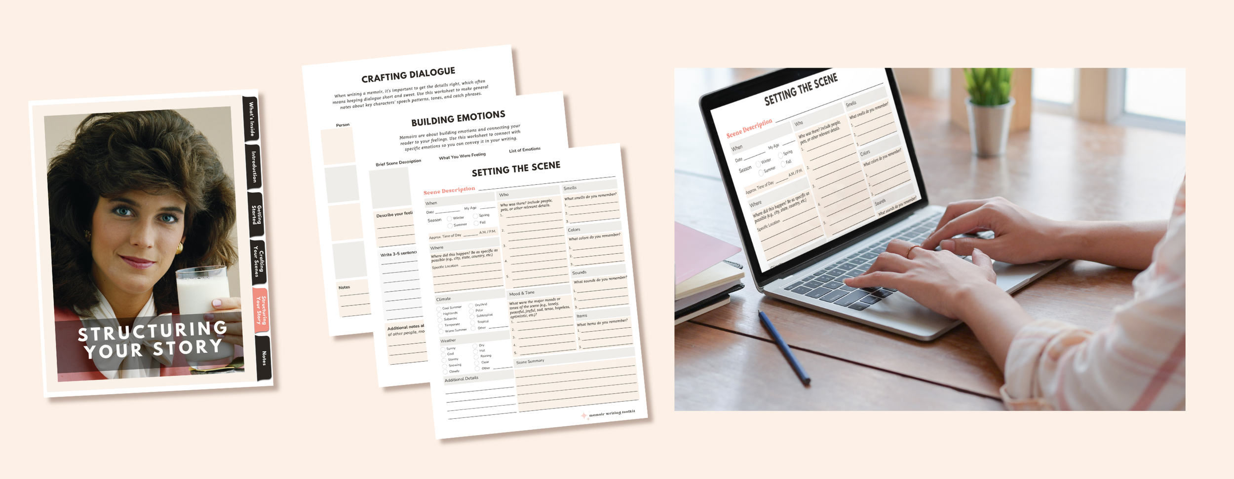 Memoir Writing Toolkit banner featuring chapter planners, story templates, and a tablet with the memoir workbook cover.