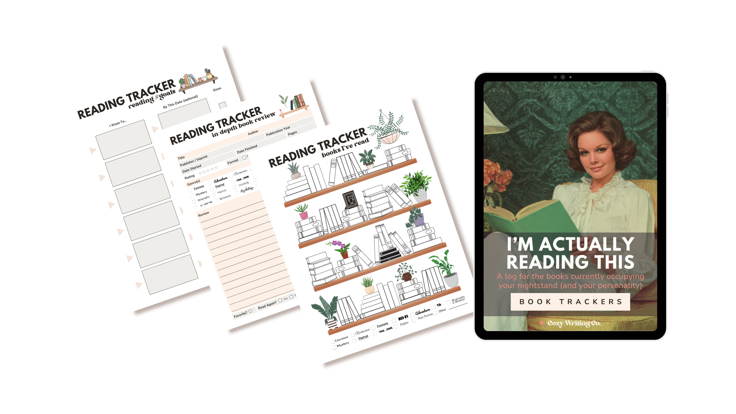 An image showing the cover of Reading Trackers by Cozy Writing Co. with a woman relaxing and reading a book, plus samples of the interior reading planner pages.
