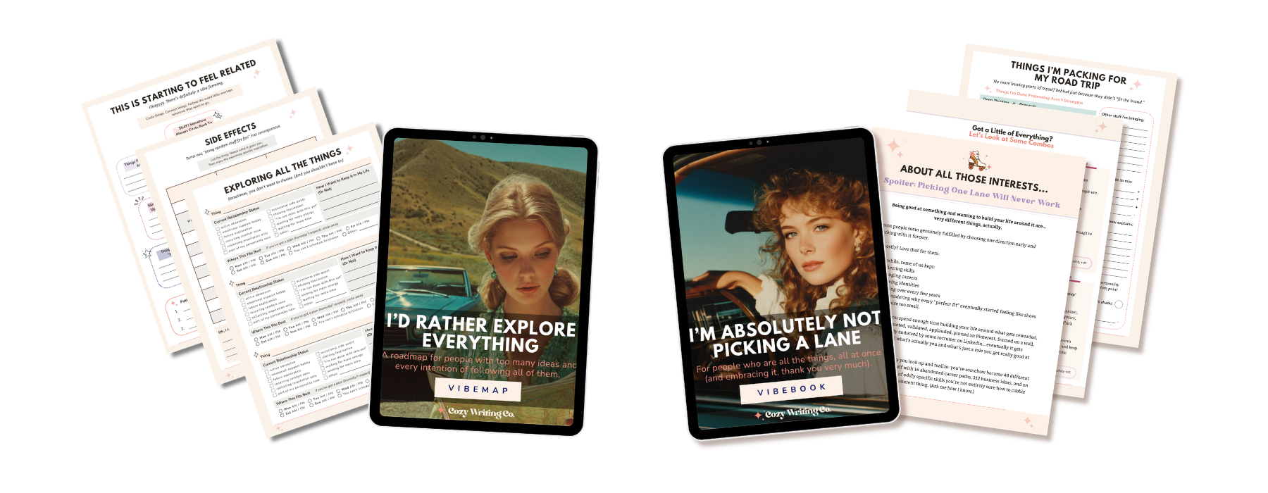 A 1980s woman driving a car on the cover of the I'm Absolutely Not Picking a Lane Vibebook, plus a woman looking at a map with a 1970s muscle car in the background on the cover of the I'd Rather Explore Everything Vibemap