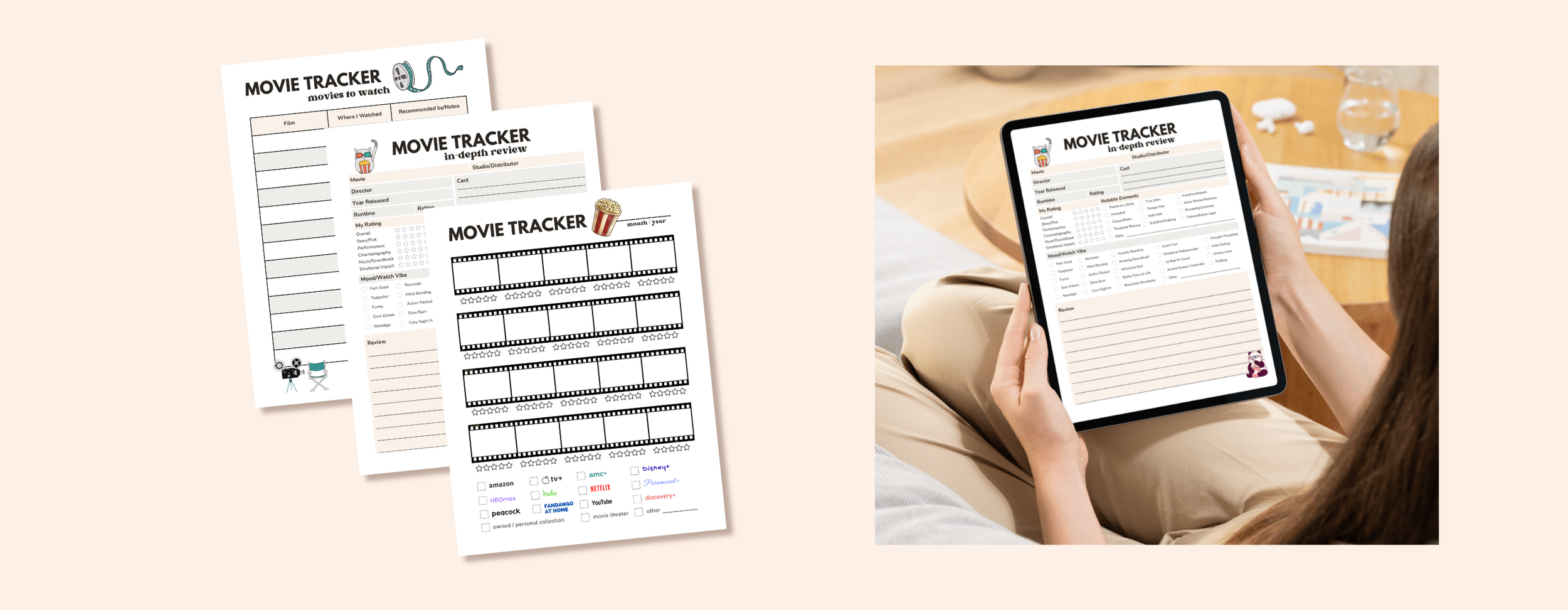 Preview of the Movie Tracker pages including film logs, rating grids, and watchlist templates, beside a tablet showing the Movie Tracker cover with a retro cinema-themed image.
