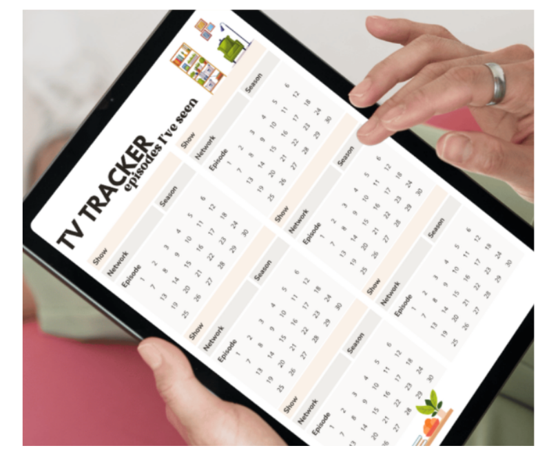 An image of a woman scrolling a tv tracker "episodes I've seen" page on her iPad.