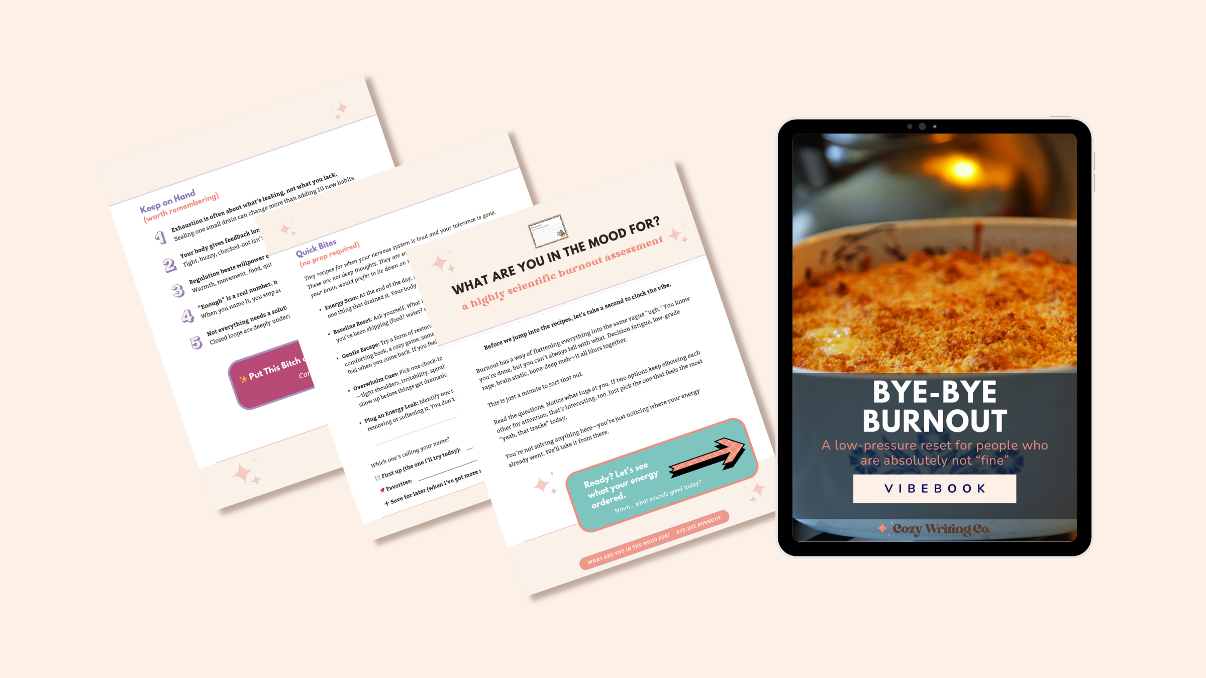 The cover of the Bye-Bye Burnout Vibebook on an IPad with the title featuring a vintage casserole dish. Plus, three interior pages of the Vibebook are shown: a quiz, short activities, and a recap of one of the chapters.
