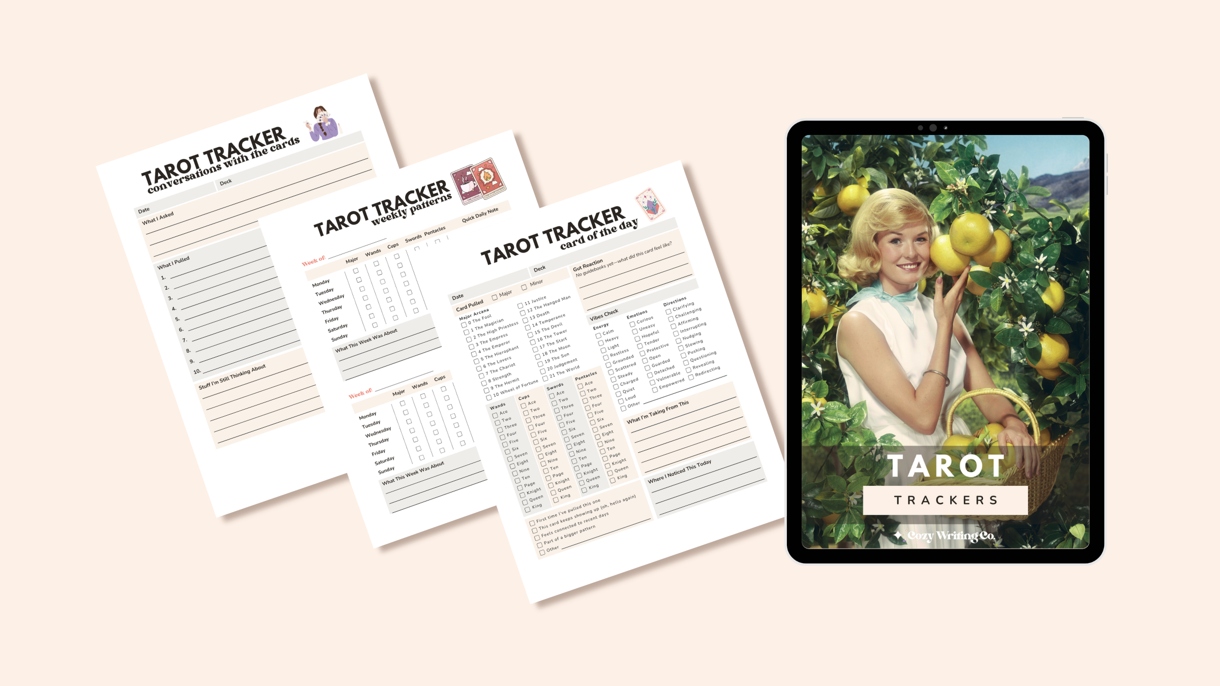 A retro image of a 1960s woman picking lemons on the cover of the Tarot Trackers, including cards of the day, weekly patterns, conversations with the cards, and more
