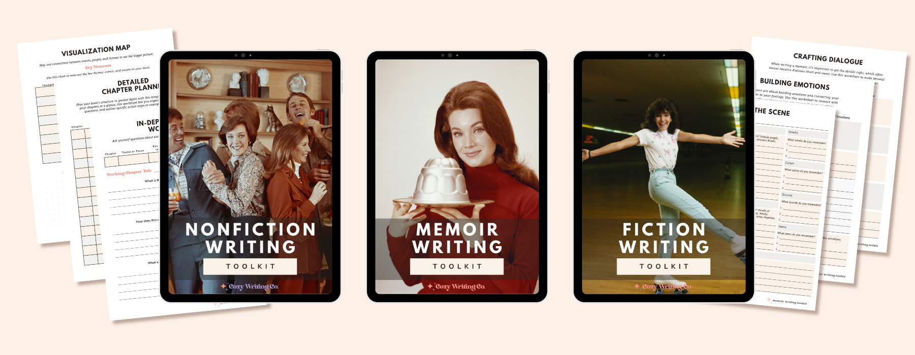 An image showing the covers of the writing toolkits on the covers of iPads, plus sample pages.