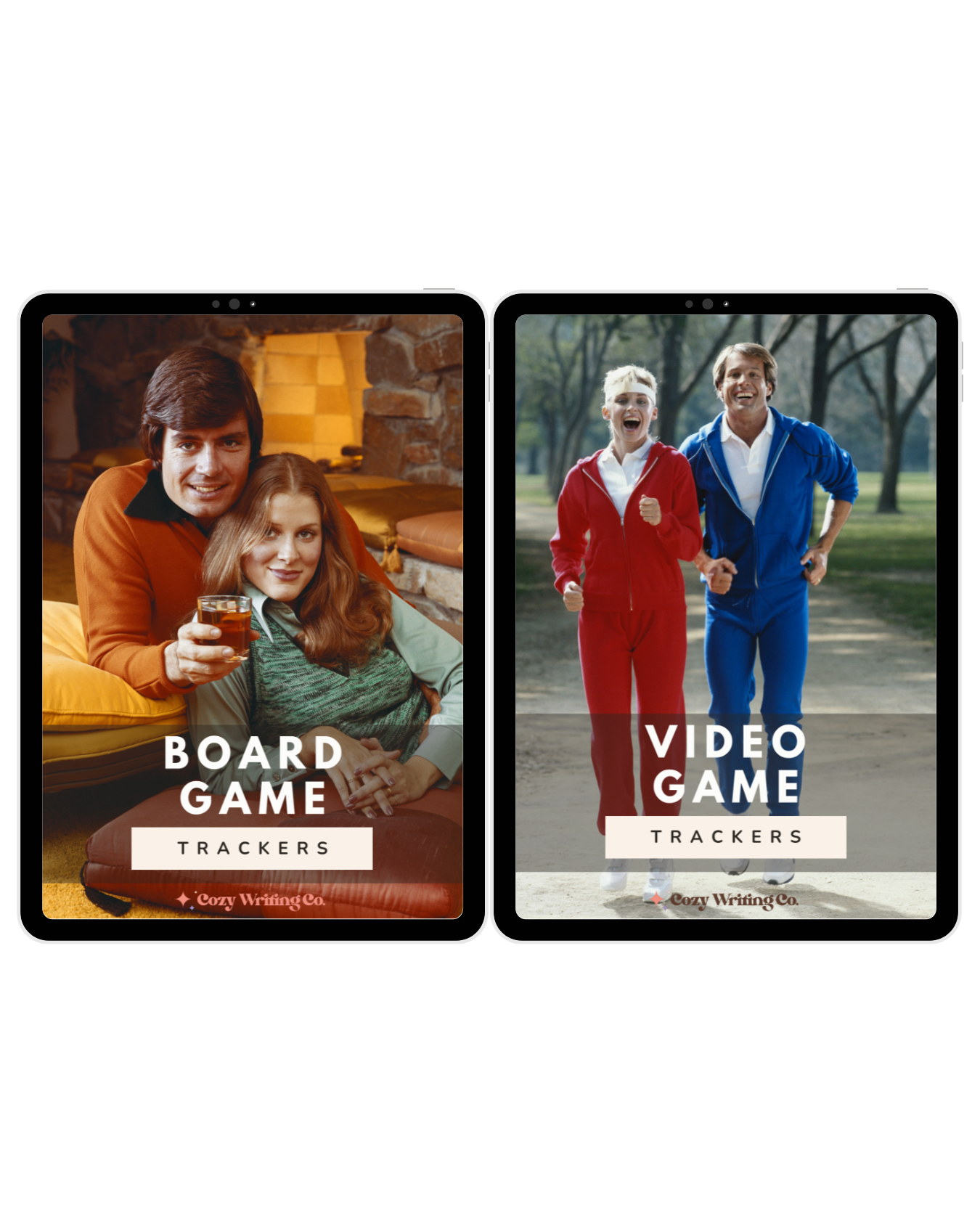Two iPads side by side showing the Board Game Trackers and Video Game Trackers covers from Cozy Writing Co.