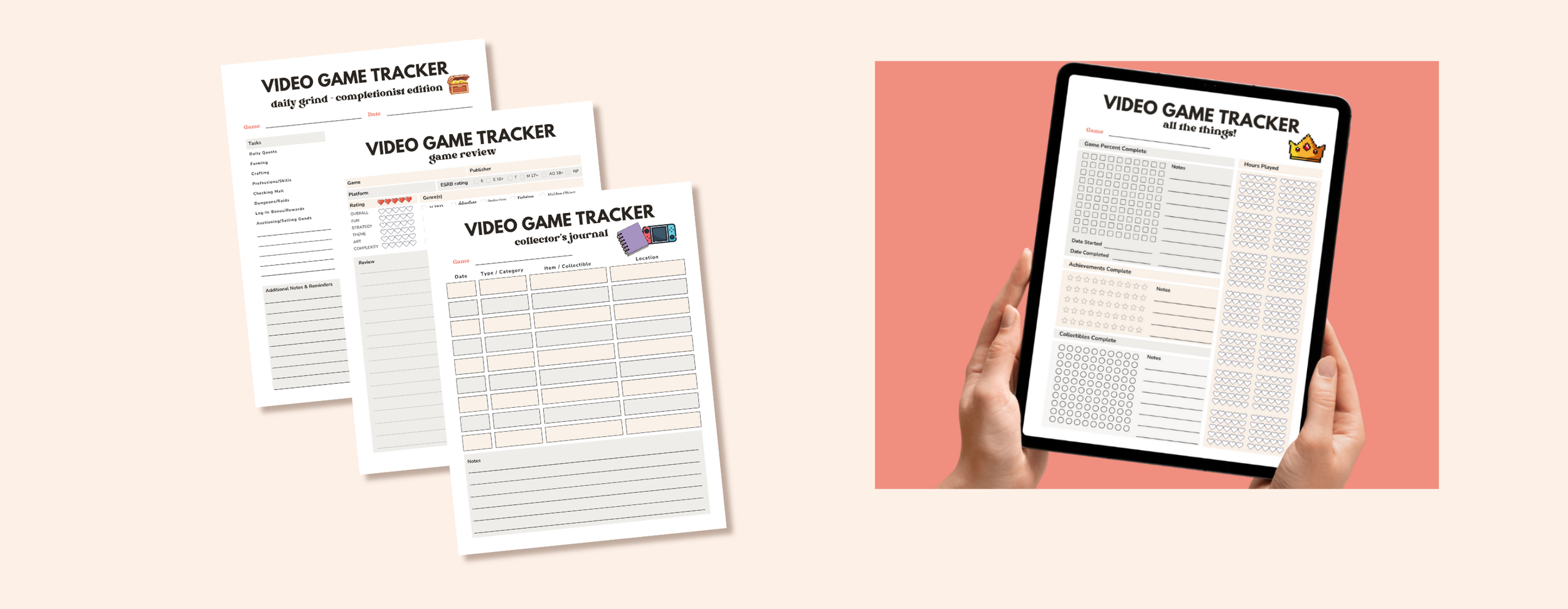 Preview of the Video Game Tracker pages including the game review sheet, collector’s log, and progress-tracking pages, beside a tablet showing a video game tracker.