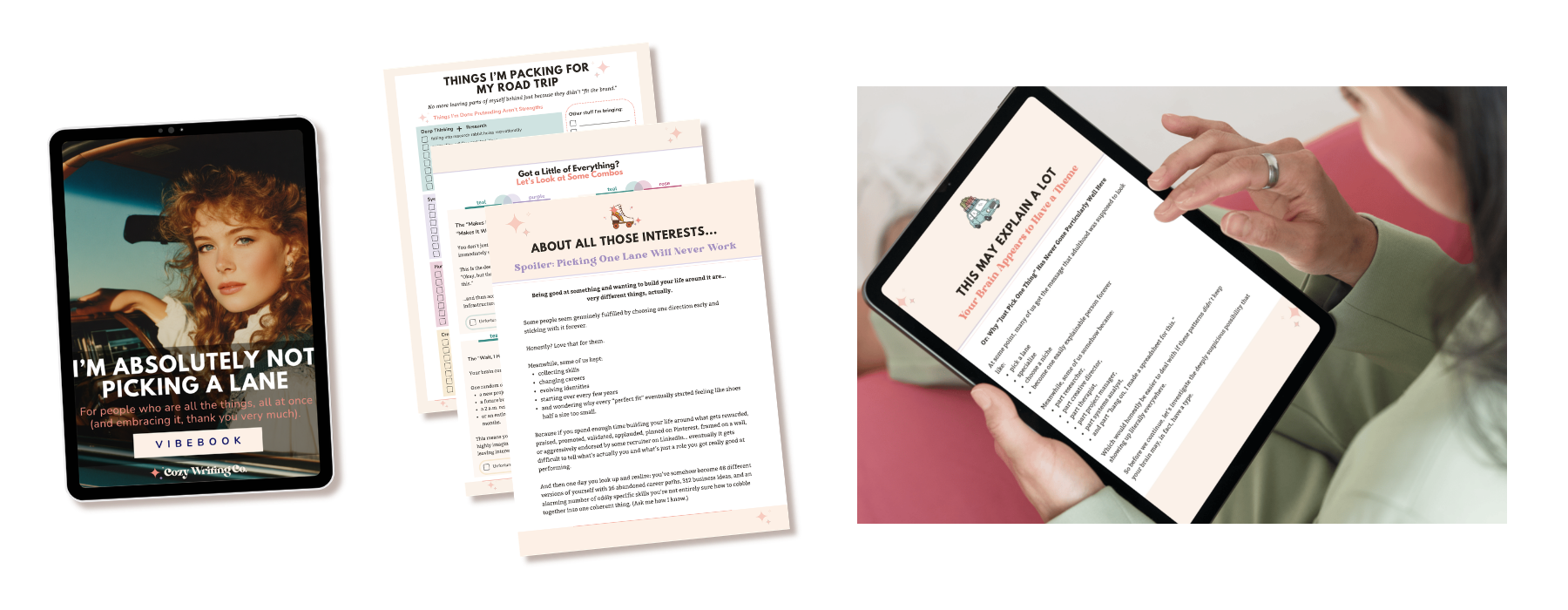 An image showing the cover of I'm Absolutely Not Picking a Lane with a 1980s woman driving a car, plus interior pages from the Vibebook, and a lifestyle photo of a woman using one of the pages inside on an iPad.