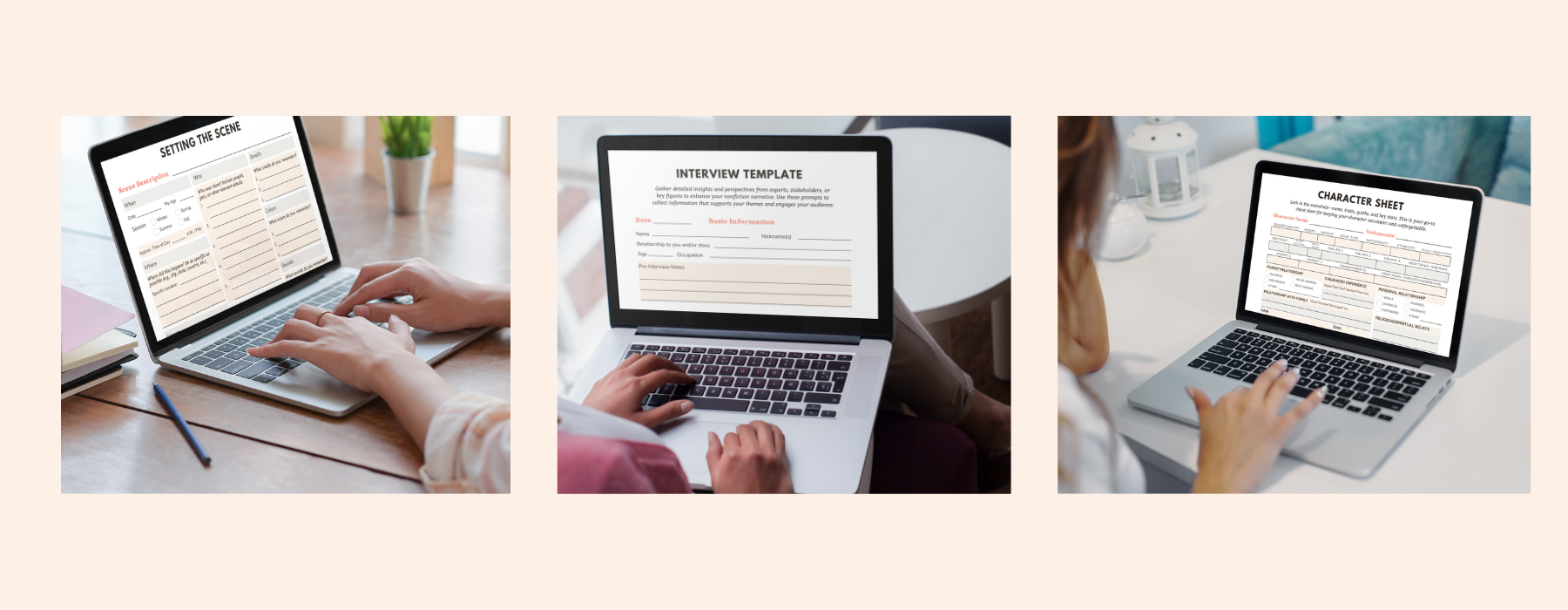 Three photos of women using the templates on laptop screens.