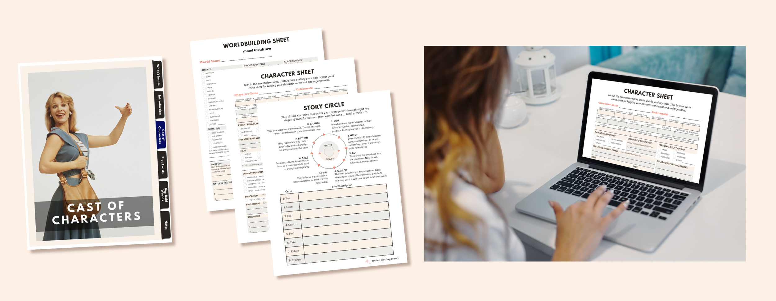A peek inside the Fiction Writing Toolkit—character sheets, worldbuilding pages, story circle, and a writer editing on her laptop.
