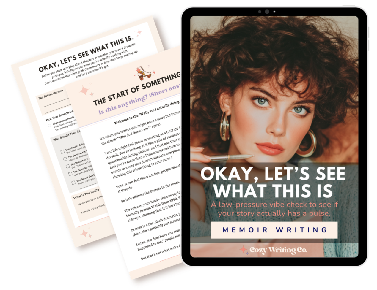 An image of the cover of Okay, Let's See What This Is, featuring a 1980s woman holding a notebook and a pen, ready to see if she's got a great memoir idea. Plus, it shows two interior pages of the trackers.