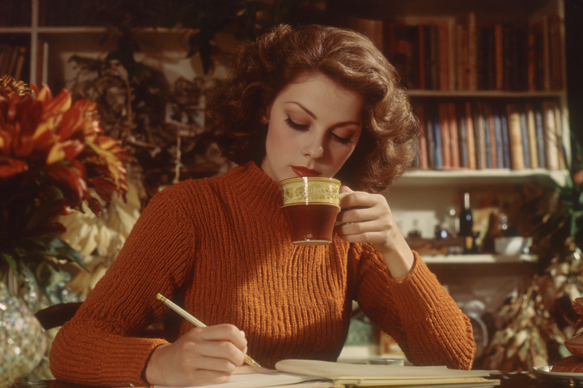 Retro 1970s-style woman journaling with a cup of tea, symbolizing reflection and the early stages of writing a memoir, and wondering if her life story is interesting enough.