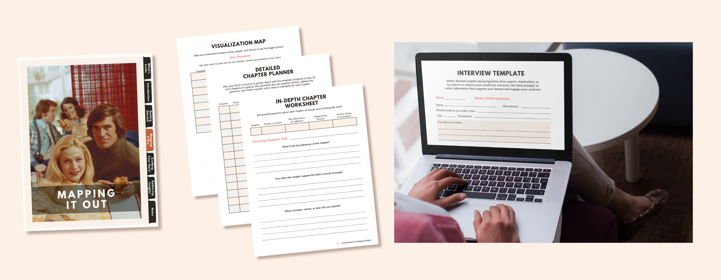 Nonfiction Writing Toolkit banner featuring chapter planning worksheets, book structure templates, and interview forms.