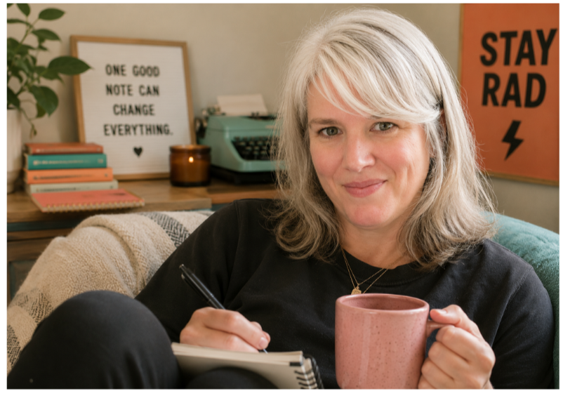 An image of Carly from Cozy Writing Co. with a notebook in her hand, holding a mug of coffee, like she's ready to tell you something.
