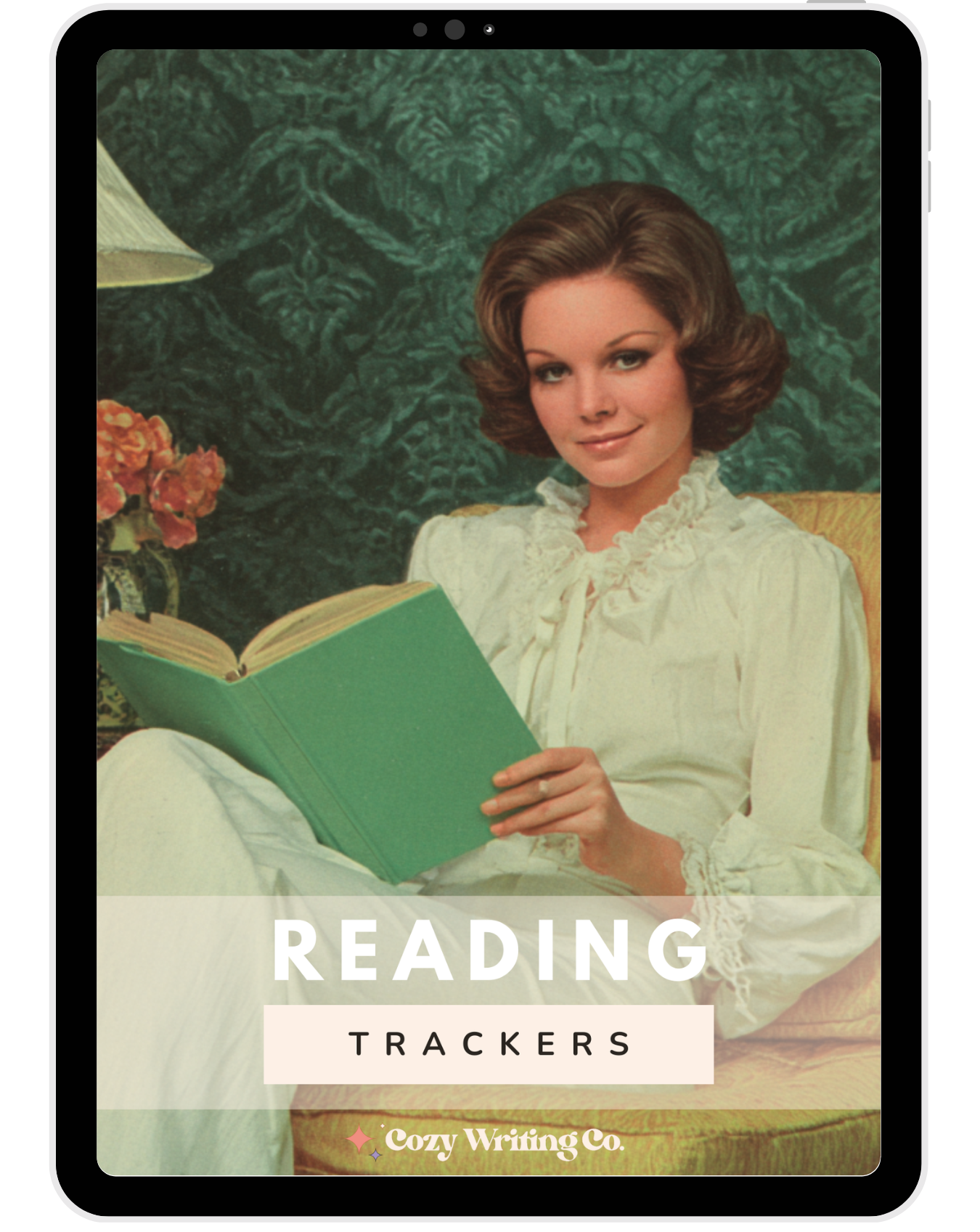 A cover image of the Reading Trackers by Cozy Writing Co. featuring a woman lounging reading a book.
