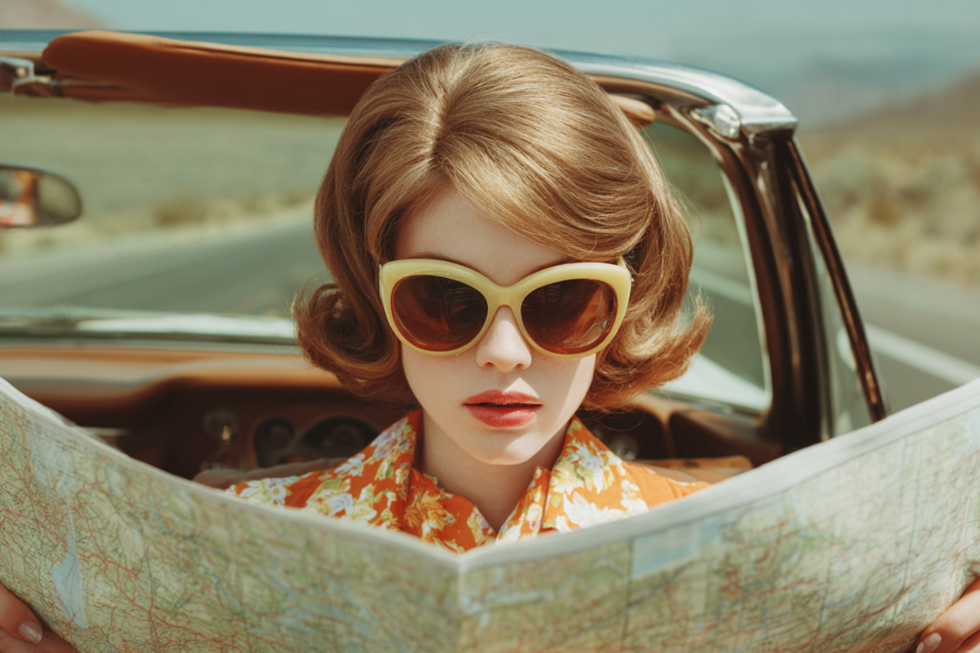 An image of a woman holding a road map, looking for patterns, while sitting in a vintage car