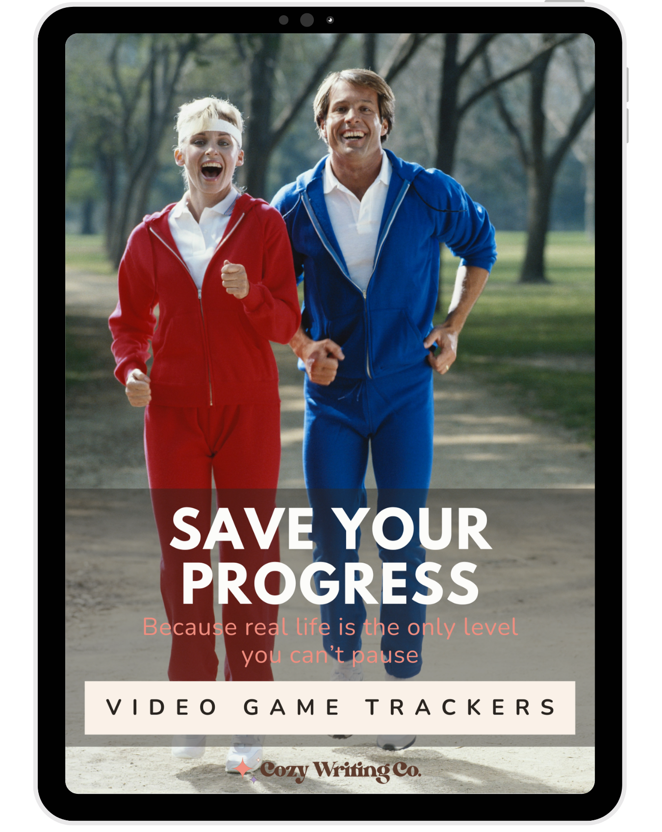 iPad with the "Save Your Progress" video game trackers cover featuring two people in colorful tracksuits posing outdoors.