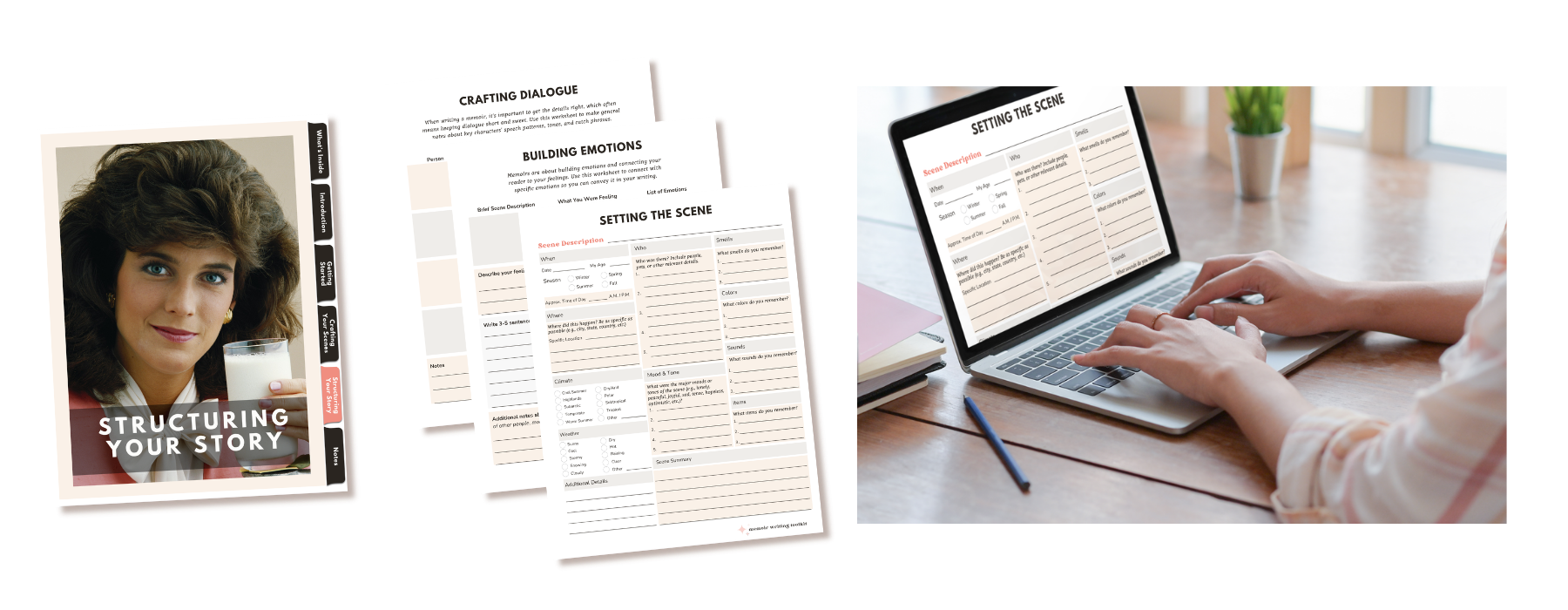 An image showing interior pages of the I Have Thoughts on How This Went Down memoir writing toolkit plus a woman using the memoir writing toolkit on a laptop.