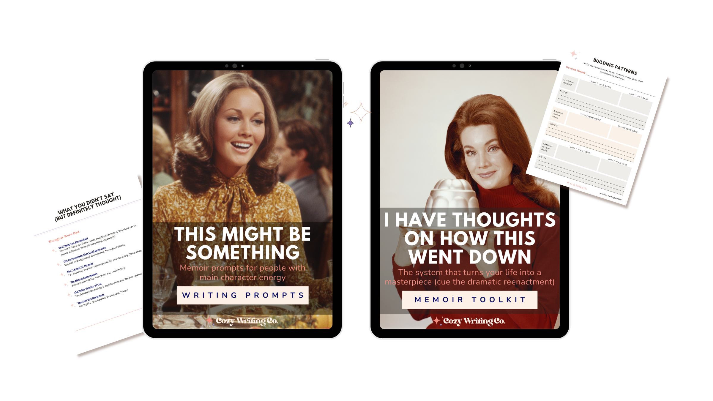 A photo showing the covers of the This Might Be Something memoir writing prompts and I Have Thoughts on How This Went Down memoir writing toolkit, plus two interior sample pages.