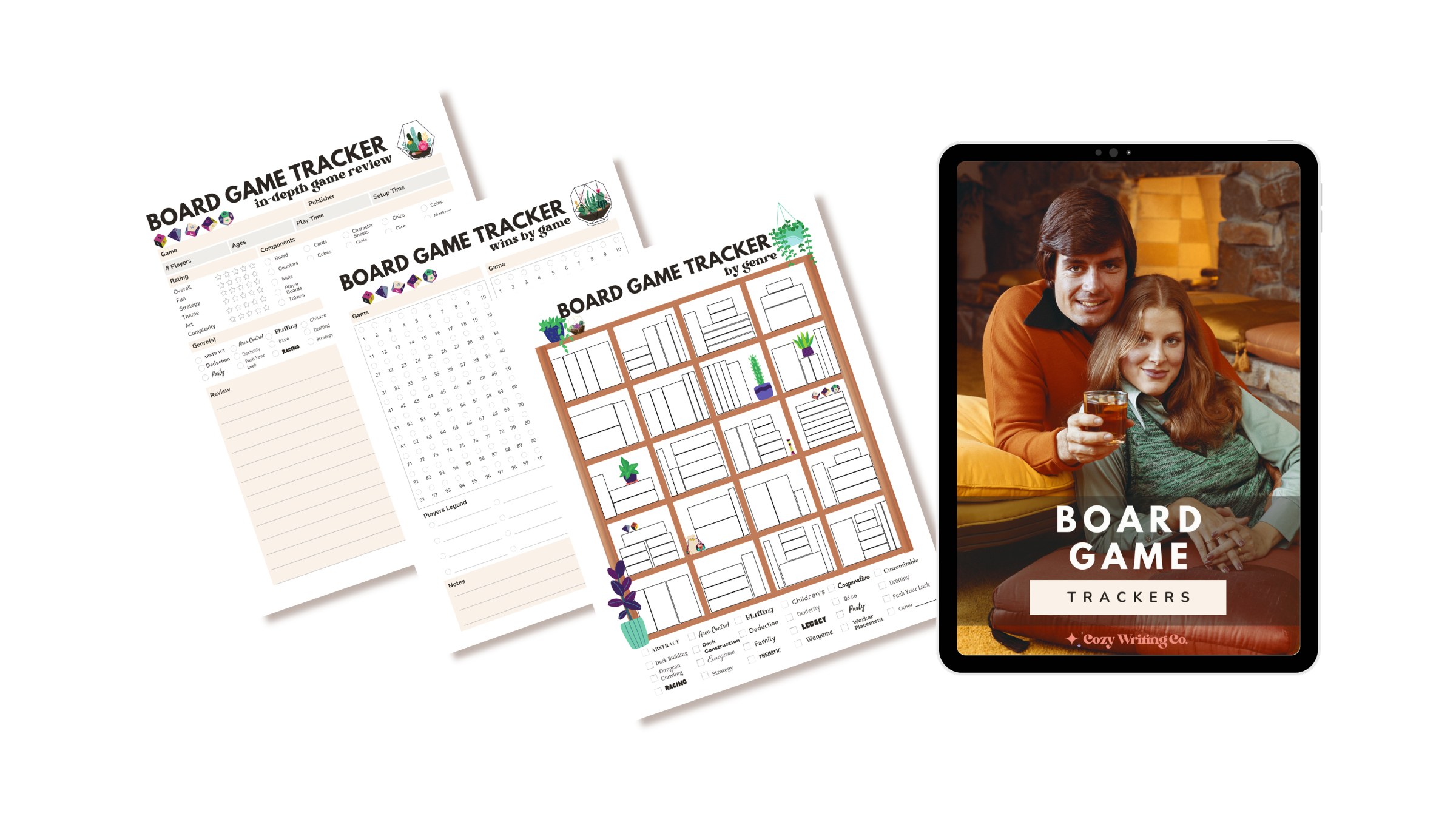 An image of a 1980s couple lounging by a fireplace on the cover of an iPad showing the Board Game Trackers by Cozy Writing Co. Also shows three mockups of the interior pages.