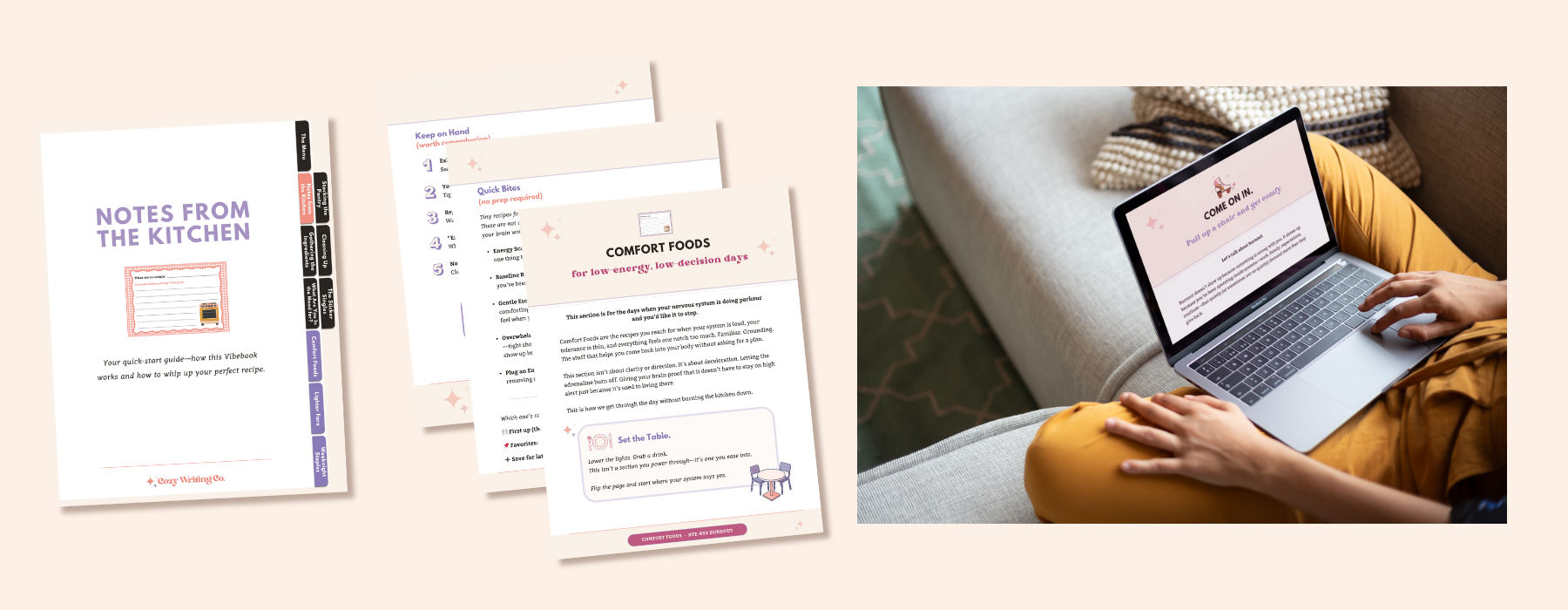 A woman using the Bye-Bye Burnout Vibebook on her laptop while sitting on her couch, plus 4 of the pages shown up close.