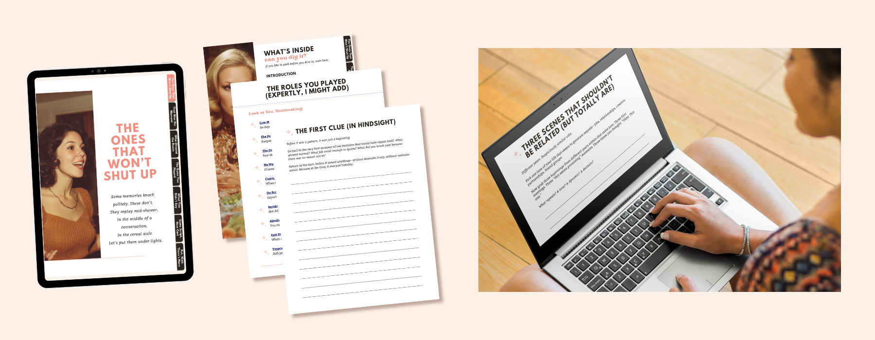 Three interior pages of This Might Be Something memoir writing prompts, plus one page on an iPad and another with a woman typing on a laptop.