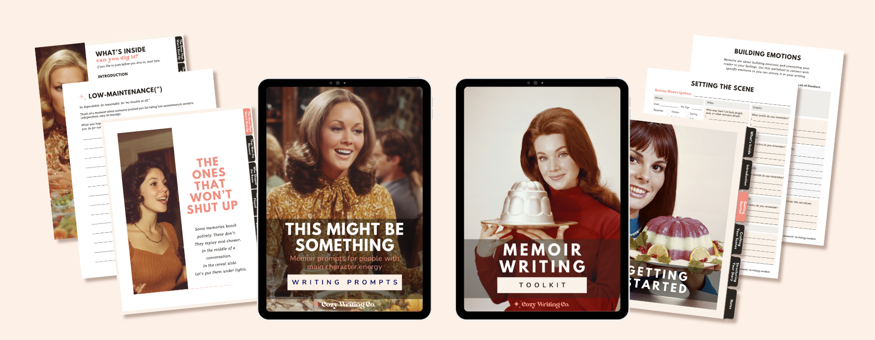 An image showing the memoir writing prompts and memoir writing toolkit from Cozy Writing Company, including the covers shown on iPads and sample interior pages.