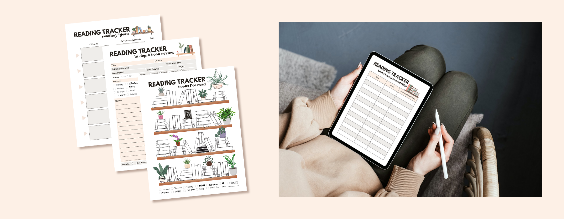 Reading tracker pages and a tablet displaying a digital reading log, showing how the trackers can be used in print or on an iPad.
