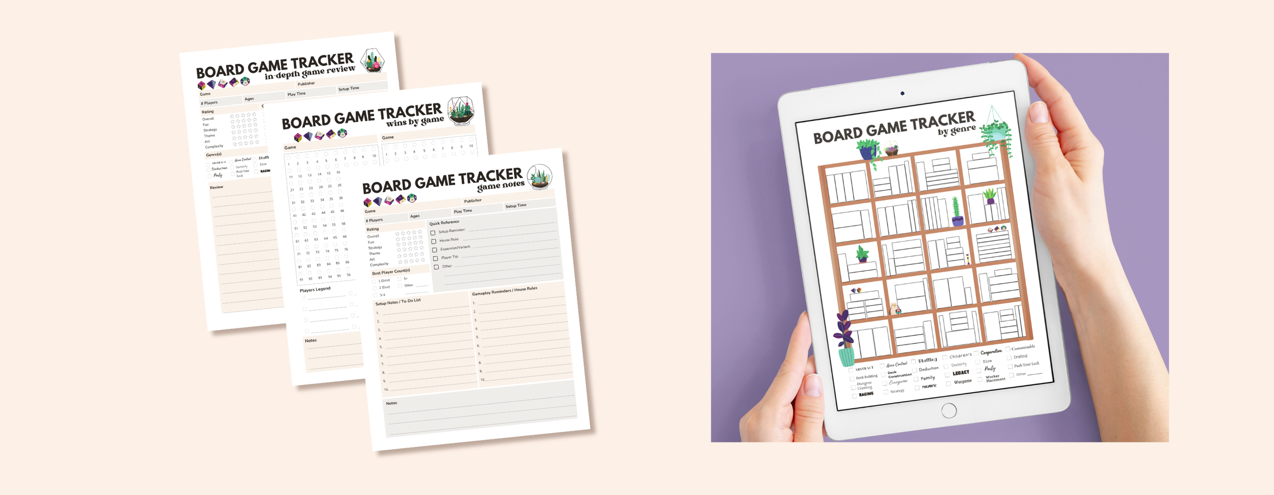 Preview of the Board Game Tracker pages—shelf-style game log, score sheets, and game-notes templates—next to a tablet displaying a retro couple lounging in a living room with the Board Game Tracker title.