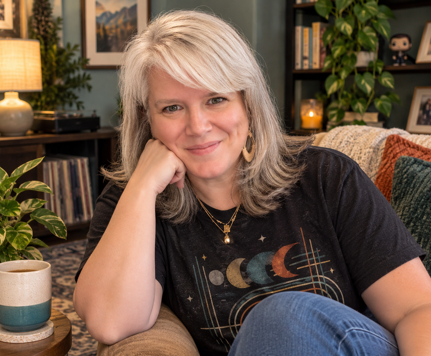 An image of Carly from Cozy Writing Co. in her living room, ready for you to give her something to think about.