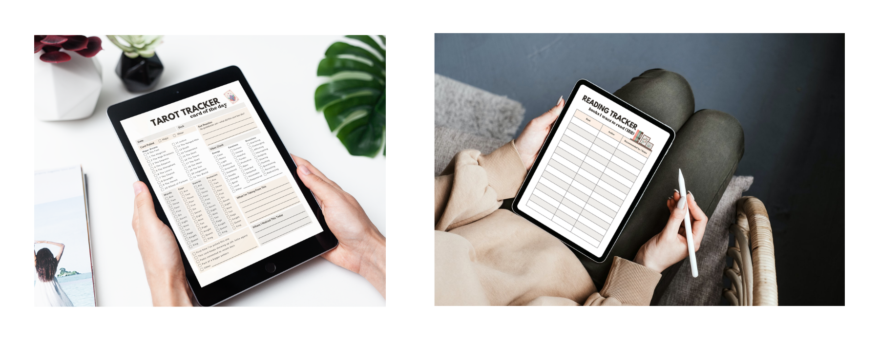 Images of the tarot tracker and reading trackers in use.