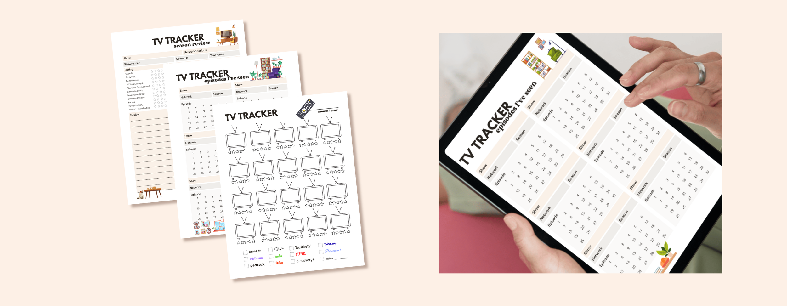 Preview of the TV Show Tracker pages—episode logs, season trackers, and watch-history charts—next to a tablet showing the TV Tracker cover with a vintage-style character image.