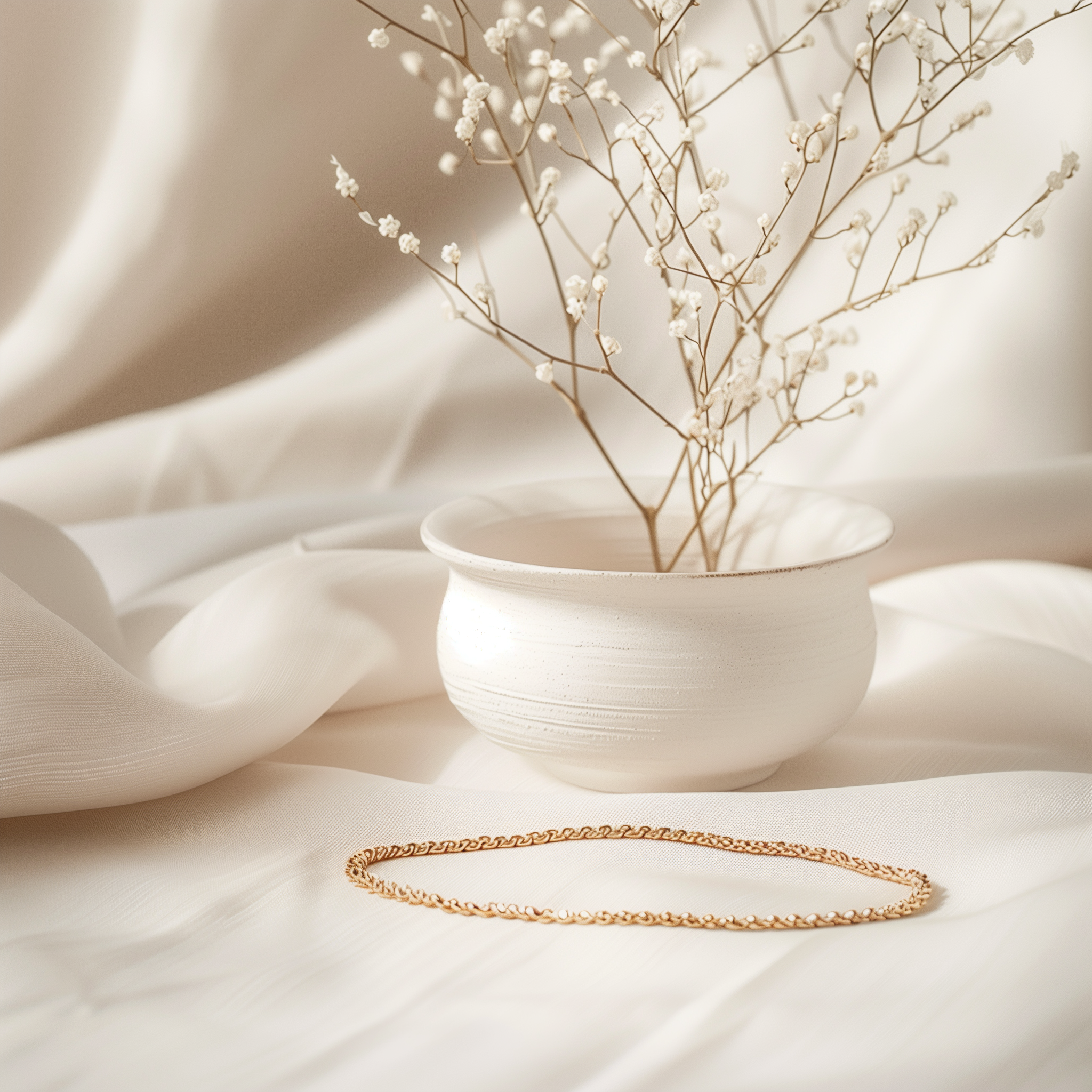 A white ceramic bowl with dried white baby's breath flowers, a gold chain necklace, and soft white fabric background.