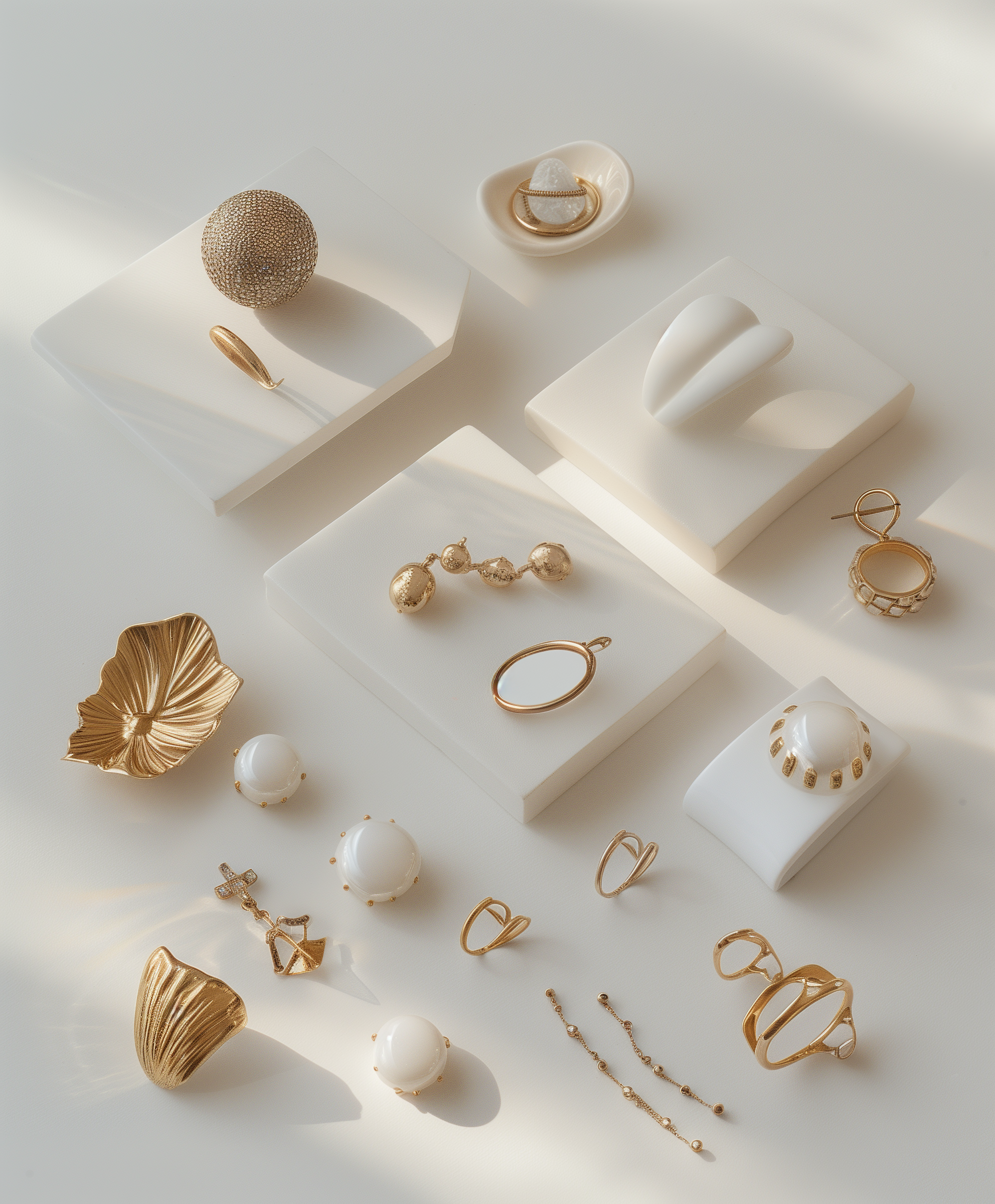 Display of gold and white jewelry, including rings, earrings, bracelets, and brooches, arranged on white and beige jewelry display stands and trays.